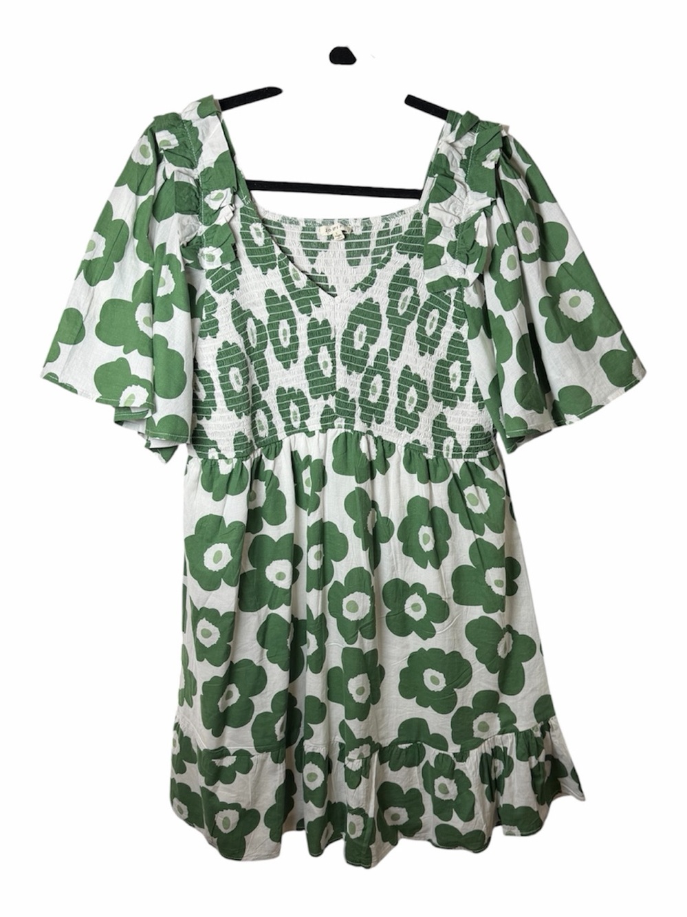 JODIFL White/ Kelly Green Floral Print Dress with Smocked Neckline. Size L.